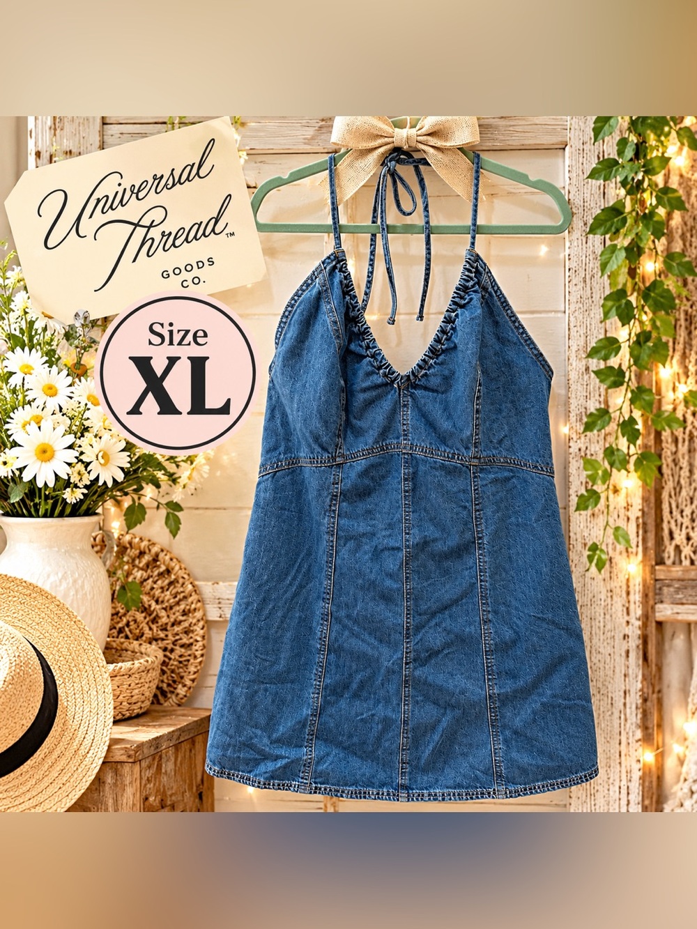 Universal Thread Women’s Denim Halter Mini Dress – Medium Wash – Size XL – NWT